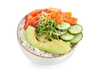 Bowl with tasty rice, salmon, cucumber and avocado on white background