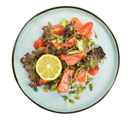 Plate with tasty salad with fish on white background