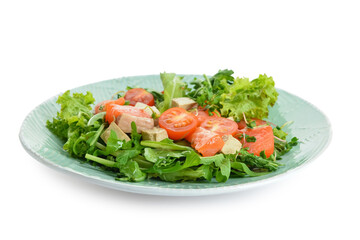 Delicious salad with fish in plate on white background