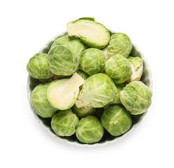 Fototapeta premium Bowl with fresh raw Brussels sprouts on white background