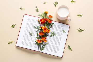 Composition with book, cup of milk and marigold flowers on color background