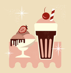 vector flat illustration in vintage retro style. a glass with coffee dessert and a bowl with ice cream balls.