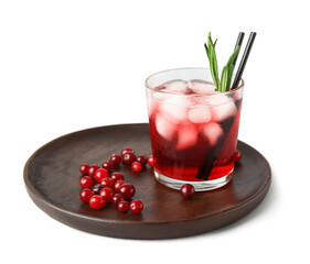 Glass with healthy cranberry juice on light background