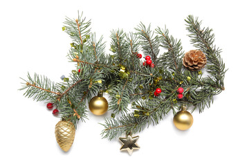 Obraz na płótnie Canvas Fir branches and Christmas balls on white background