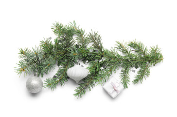 Fototapeta na wymiar Fir branches and Christmas balls on white background