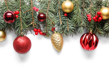 Obraz na płótnie Canvas Fir branches and Christmas balls on white background