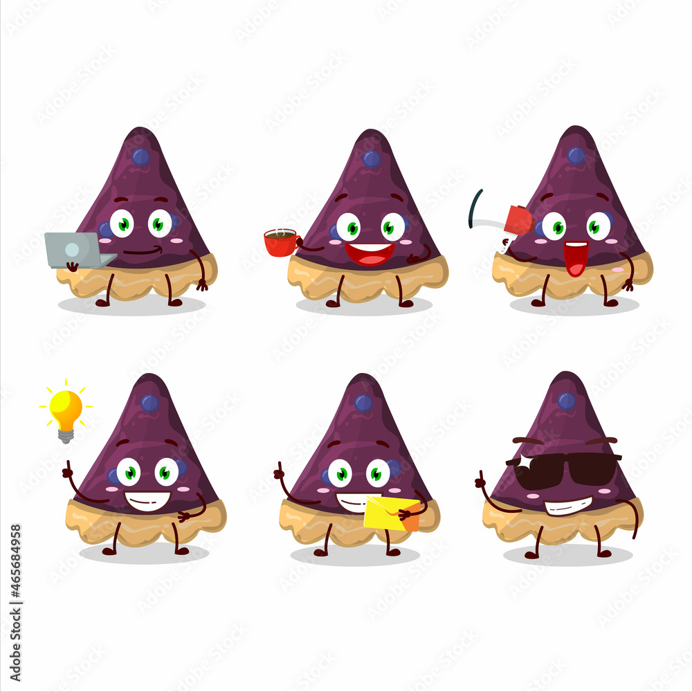 Poster Slice of blueberry pie cartoon character with various types of business emoticons