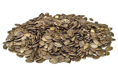 Heap of pumpkin seeds isolated on the white background. Selective focus. Healthy food concept. 