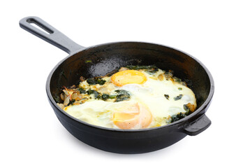 Frying pan with tasty Shakshouka on white background