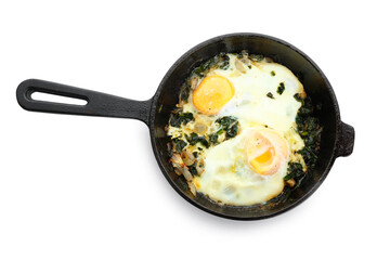 Frying pan with tasty Shakshouka on white background