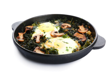 Frying pan with tasty Shakshouka on white background