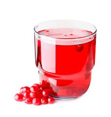Glass of tasty lingonberry tea on white background