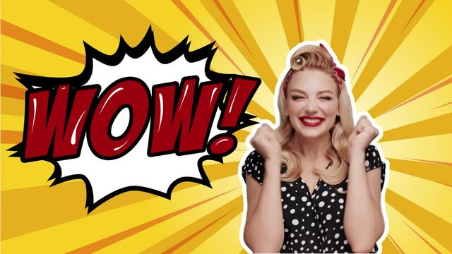 Happy Blond retro woman posing look camera isolated on Vintage backdrop for comic superhero text, speech bubble. WOW phrase in vintage style for comic superhero text, speech bubble.