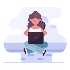 Woman working with computer. Concept illustration, working process, management, freelance, office, work from home, business meeting via internet, communication. Bright colorful vector illustration.