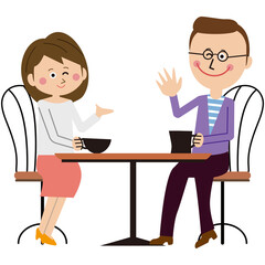 ポップな男女　カフェデート　コーヒー　眼鏡男性