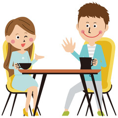 ポップな若い男女　カフェデート　コーヒー