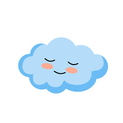 Smiling cloud. Kawaii character. Blue object of sky. Symbol of cloudy weather. Mascot of weather forecast. Cute cartoon illustration