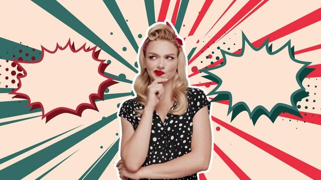 Pensive Young sexi woman with red lips posing with speech bubbles pop art style animation. Blond girl look at camera isolated on Vintage backdrop for comic superhero text, speech bubble.