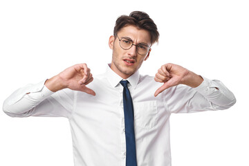 businessmen with glasses gesturing with his hands light background