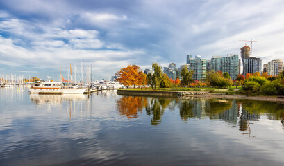 Obraz premium Stanley Park in Coal Harbour, Downtown Vancouver, British Columbia, Canada. Fall Season Colors. Marina in Urban Modern City.