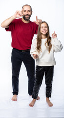 Obraz premium father and daughter shout, man and girl, dance, rejoice, have fun. isolated white background