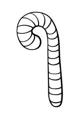 Vector illustration of candy cane, Lollipop in style of Doodle. Hand drawn black outline on isolated white background. For xmas design, invitations new year holidays, merry Christmas, greeting cards