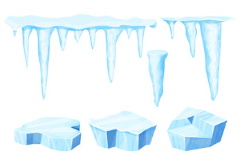 Set Ice floe, frozen water piece, iceberg and icicles in cartoon style isolated on white background. Collection polar landscape element, ui game asset. Winter decoration. - obrazy, fototapety, plakaty