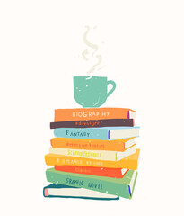 a Cup of coffee is on a stack of books.