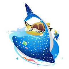 Ocean vector illustration of cute tofu shark and turtle and seahorse