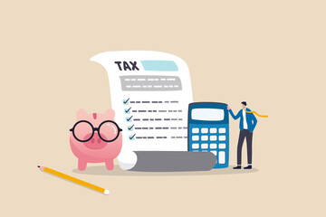 Income tax filing, calculate revenue and filling tax form, expert complete checklist for all reduction, refund and payment concept, expertise businessman completed tax filing form with calculator. - obrazy, fototapety, plakaty