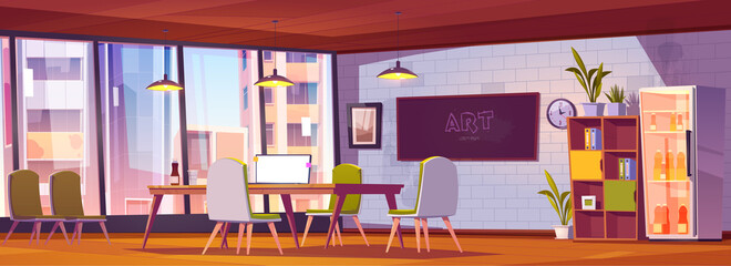 Coworking office with laptop on desk, chairs, blackboard on wall and big window. Vector cartoon empty interior of modern open space workplace or boardroom for team meetings