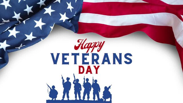Happy veterans day text animation with USA military icons and the Flag of the USA