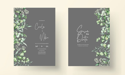 beautiful hand drawing watercolor leaves wedding invitation card template