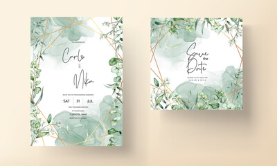 beautiful hand drawing watercolor leaves wedding invitation card template