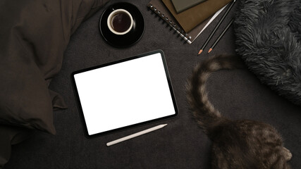 Digital tablet, books and lovely cat on gray carpet.