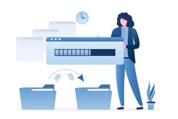 Female character holding progress bar of file copy. Copying data to new folder. Transfer of documentation.