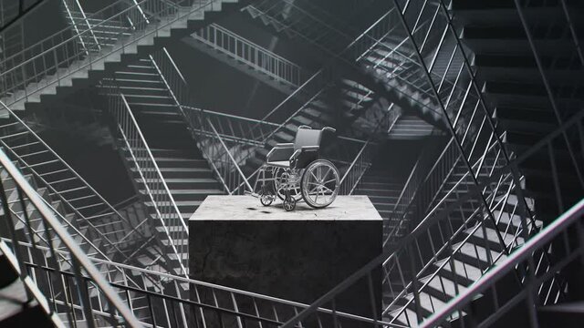 Animation of a wheelchair in the labyrinth of stairs. Camera zooming in.