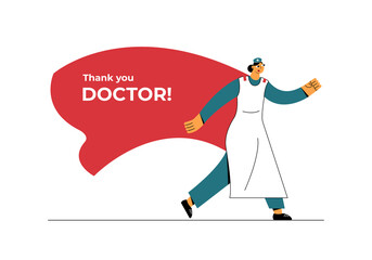 Vector flat design illustration with Super Woman Doctor in red cape.