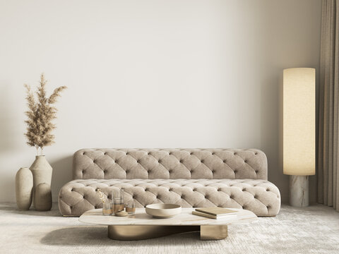 Contemporary classic white beige interior with sofa and decor. 3d render illustration mockup.