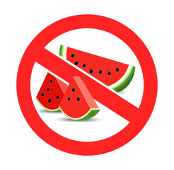 Sign No watermelon. Red stop sign fruit water melon. Isolated on white background.