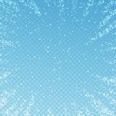 Magic stars Christmas background. Subtle flying snow flakes and stars on blue transparent background. Amazing winter silver snowflake overlay template. Imaginative vector illustration.