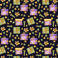 Watercolor seamless pattern on a black background on a baby theme for birthday. Gifts, cake, candles, candies, gingerbread, gingerbread, confetti, purple light.