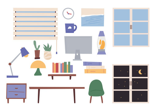A collection of home deco office props. flat design style vector illustration.