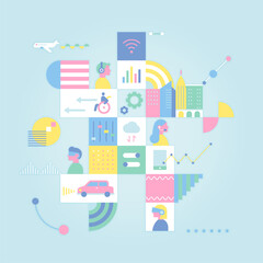 Digital technology design icons organized into square puzzles. flat design style vector illustration.