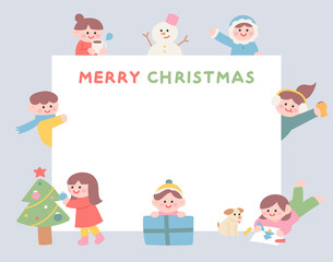 Obraz premium Cute children say Christmas greetings around a large white piece of paper. flat design style vector illustration.