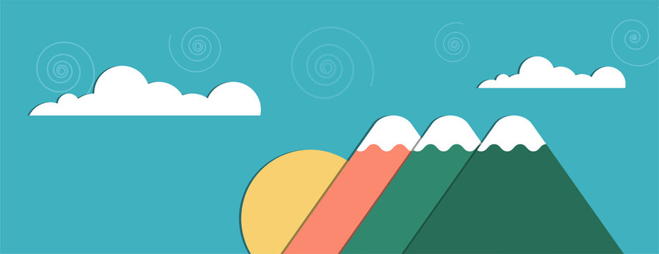 Summer nature landscape with mountains and Sun. Sunny summer camp. Flat vector illustration. Adventure nature tourism, travel, camping, hiking or backpacking concepts. 