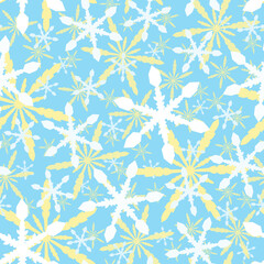Fototapeta premium White and gold abstract snowflakes on a light blue background, seamless snow pattern. 