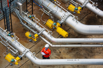 Top view male worker inspection at the valve of visual check record pipeline oil and gas.