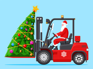 Santa Claus in Red Forklift Loaded with Tree.