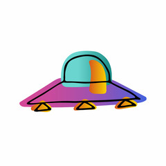 Fototapeta premium Bright space doodle sticker. Hand-drawn Flying saucer isolated on white background. Gradient orange, blue neon color astronomical object. UFO, Spaceship sketch sign. Vector science cute illustration